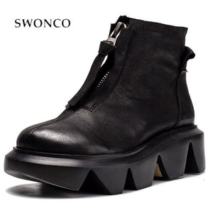 SWONCO Natural Leather Snow Boots Women Platform Shoes Black Front Zipper Casaul Shoes Lady 2019 New Winter Warm Fur Ankle Boots